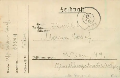 Feldpost: Vordruck Brief von FPNr. 06374 vom Oktober 1939 nach Wien
