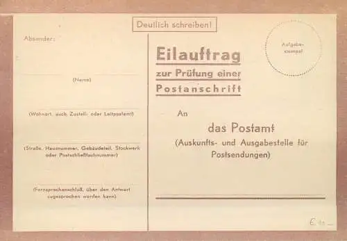 DR: Eilauftrag zur Prüfung einer Postanschrift, Formular Nr. StdW. 430643