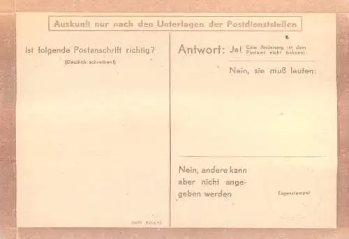 DR: Eilauftrag zur Prüfung einer Postanschrift, Formular Nr. StdW. 430643