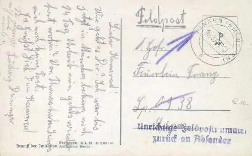 Feldpost: AK München von Wangen an ungültige Feldpostnummer 1943