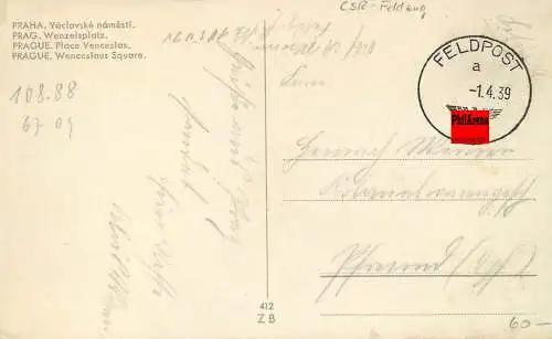 Feldpost: AK Prag vom CSR Feldzug vom 1.4.1939