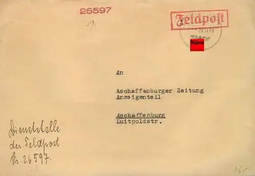 Feldpost: FPNr. 26597 am 29.11.39 an Aschaffenburger Zeitung