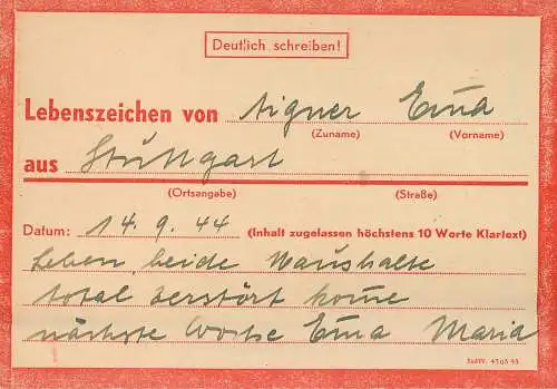 DR: Eilnachricht Lebenszeichen: 14.09.44 aus Stuttgart nach Schorndorf