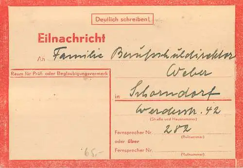 DR: Eilnachricht Lebenszeichen: 14.09.44 aus Stuttgart nach Schorndorf