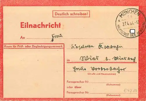 DR: Eilnachricht Lebenszeichen: 26.4.44 nach München