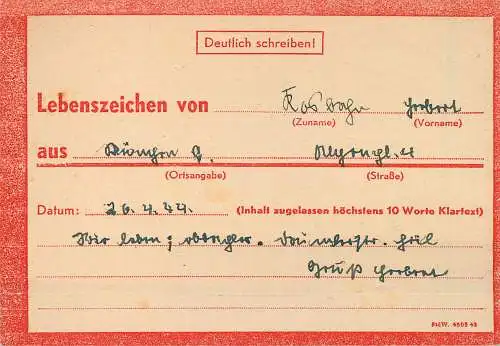 DR: Eilnachricht Lebenszeichen: 26.4.44 nach München