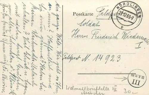 Feldpost: Postkarte Nördlingen 12.1939 an FPNr. 14923