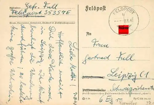 Feldpost: FPNr. 35357E vom 8.8.40 nach Leipzig