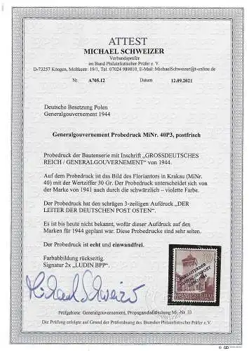 GG Generalgouvernement: Probedruck MiNr. 46 P3, postfrisch mit BPP Attest