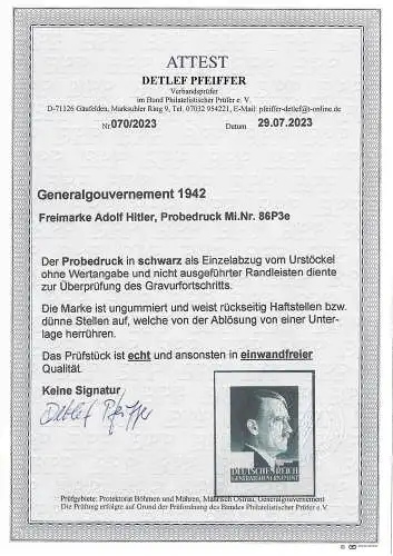 GG Generalgouvernement: Probedruck MiNr. 86P3, ohne Gummi, mit BPP Attest