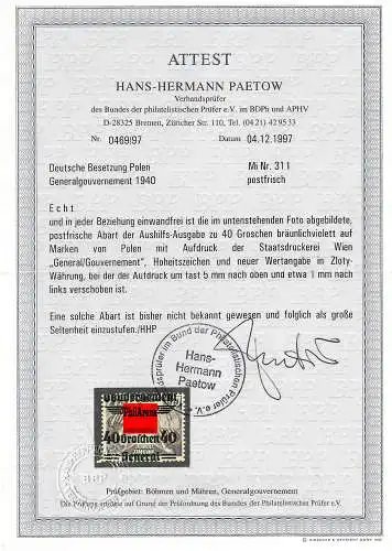 GG Generalgouvernement: starke Aufdruckverschiebung MiNr. 31, **, mit BPP Attest