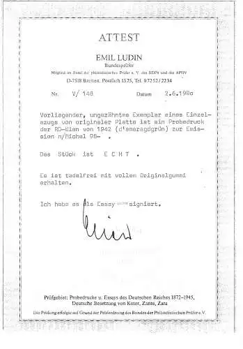 GG Generalgouvernement: Probedruck MiNr. 98 P2, postfrisch mit BPP Attest