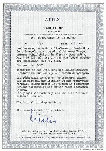 GG Generalgouvernement: Probedruck MiNr. 98 P3, ohne Gummi, mit BPP Attest