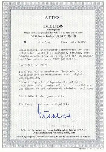 GG Generalgouvernement: Probedruck MiNr. 98 P3, ohne Gummi mit BPP Attest