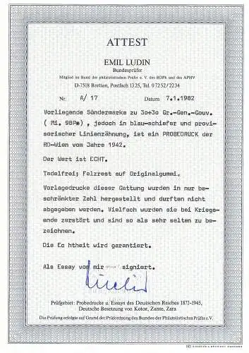 GG Generalgouvernement: Probedruck MiNr. 98 P1, Falz, mit BPP Attest