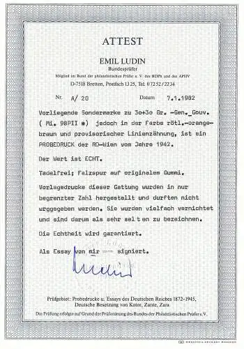 GG Generalgouvernement: Probedruck MiNr. 98 P1, Falz mit BPP Attest