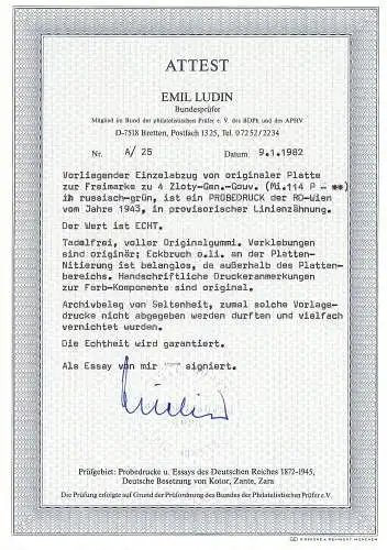 GG Generalgouvernement: Probedruck MiNr. 114 P2, postfrisch BPP Attest