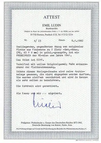 GG Generalgouvernement: Probedruck MiNr. 63 P3, postfrisch BPP Attest