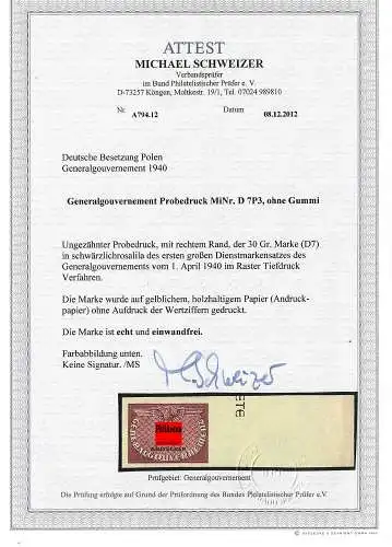 GG Generalgouvernement: Probedruck MiNr. D7 P3, ohne Gummi, BPP Attest