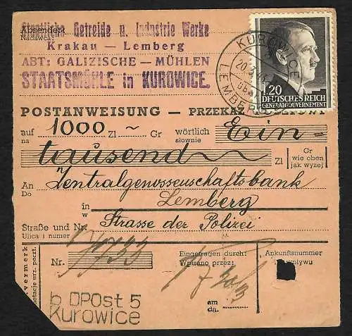 GG: Postanweisung Kurowice/Lemberg 20.03.43, nach Lemberg, portogerecht