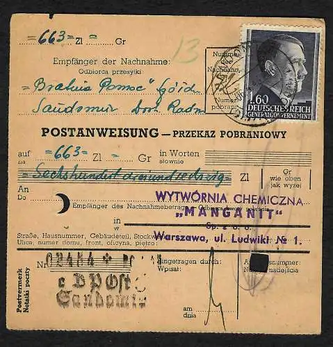 GG: Postanweisung Sandomir nach Warschau, 1943 mit MiNr. 88A, EF