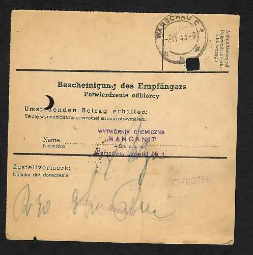 GG: Postanweisung Sandomir nach Warschau, 1943 mit MiNr. 88A, EF