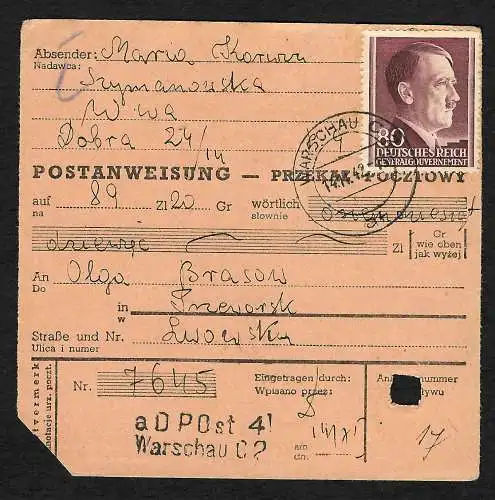 GG: Postanweisung Warschau nach Przeworsk 1942, MiNr. 85 EF, selten