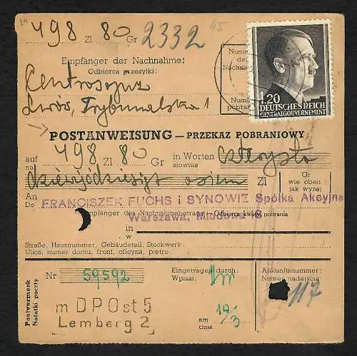 GG: Postanweisung Lemberg 1943 nach Warschau, MiNr. 87 EF