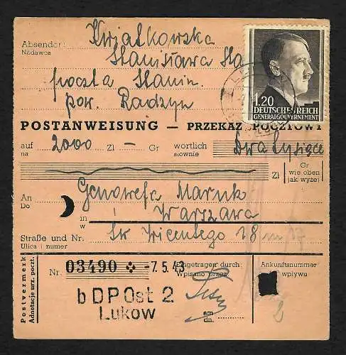 GG: Postanweisung Lukow 1943 nach Warschau, MiNr. 87 MeF, selten
