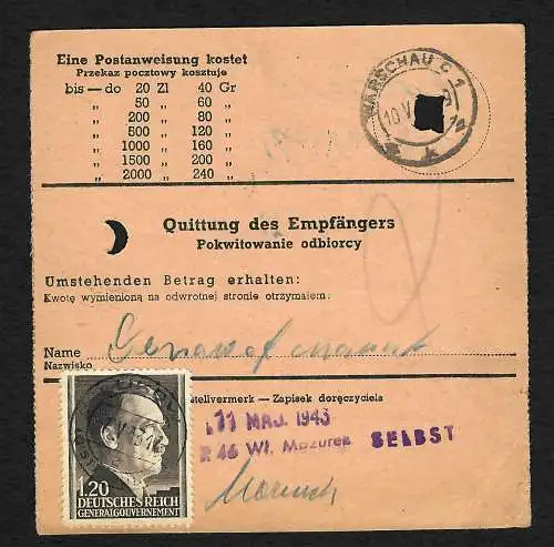 GG: Postanweisung Lukow 1943 nach Warschau, MiNr. 87 MeF, selten