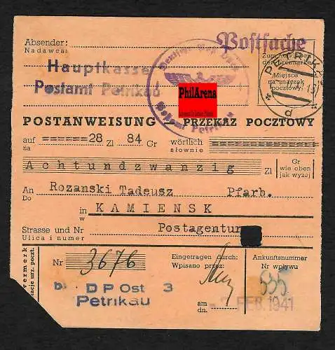 GG: Postanweisung Postsache Postamt Hauptkasse Petrikau an Kamiensk, Postagentur