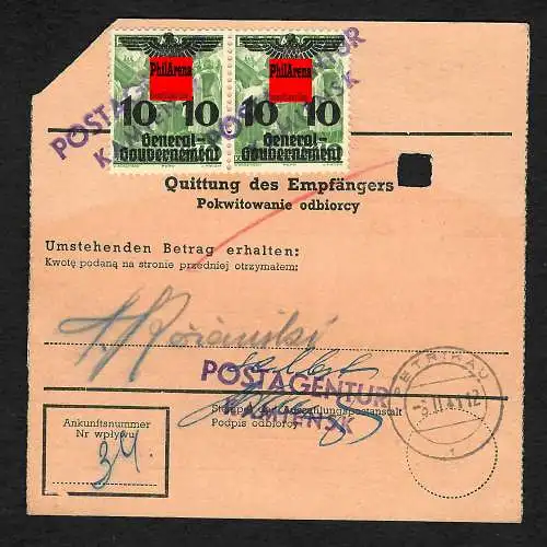 GG: Postanweisung Postsache Postamt Hauptkasse Petrikau an Kamiensk, Postagentur