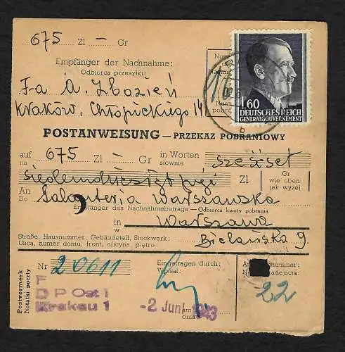 GG: Postanweisung Krakau nach Warschau, 1943, MiNr. 88A, portogerecht