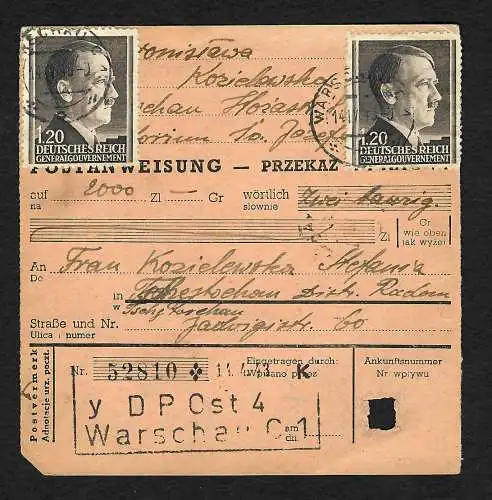 GG: Postanweisung Warschau nach Tschenstochau, rücks. Zettel, 1943 MiNr. 87A MeF