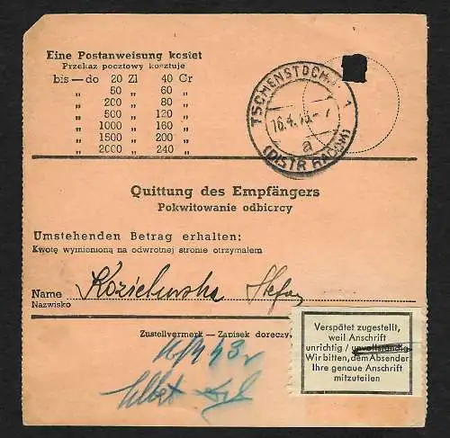 GG: Postanweisung Warschau nach Tschenstochau, rücks. Zettel, 1943 MiNr. 87A MeF