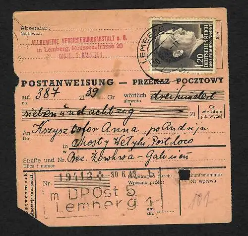 GG: Postanweisung Lemberg nach Mosty Wielkie/Lemberg, 1943 MiNr. 87A EF