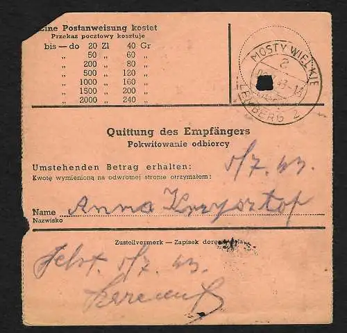 GG: Postanweisung Lemberg nach Mosty Wielkie/Lemberg, 1943 MiNr. 87A EF