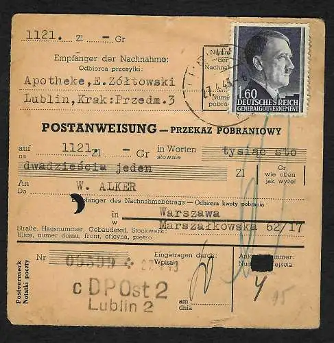 GG: Postanweisung Lublin nach Warschau, 1943 MiNr. 87A 88 MiF