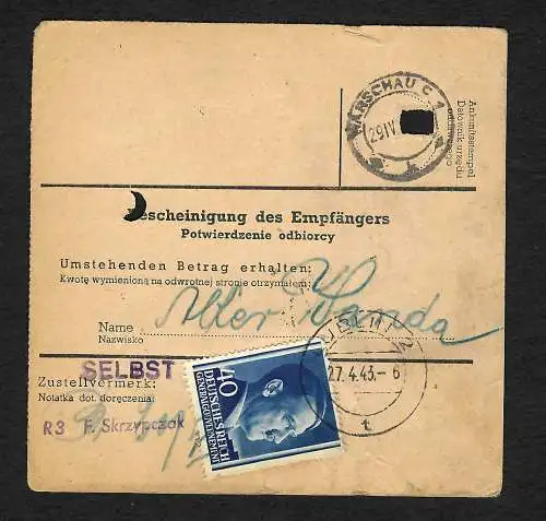 GG: Postanweisung Lublin nach Warschau, 1943 MiNr. 87A 88 MiF