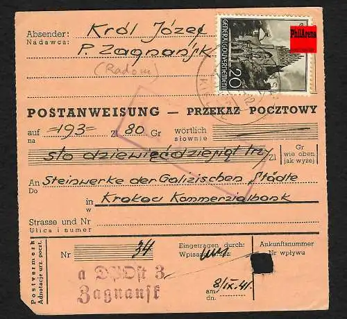 GG: Postanweisung Zagnansk Radom nach Krakau, 1941, MiNr. 44 MeF, selten