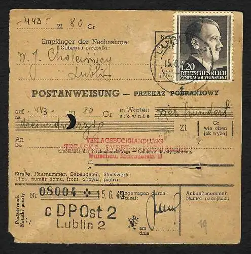 GG: Postanweisung Lublin nach Warschau, 1943, MiNr. 87A, EF