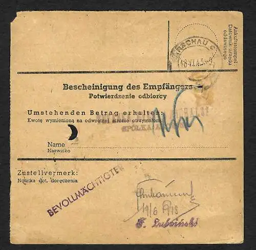 GG: Postanweisung Lublin nach Warschau, 1943, MiNr. 87A, EF