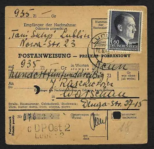 GG: Postanweisung Lublin nach Warschau, 1943, MiNr. 88A, EF