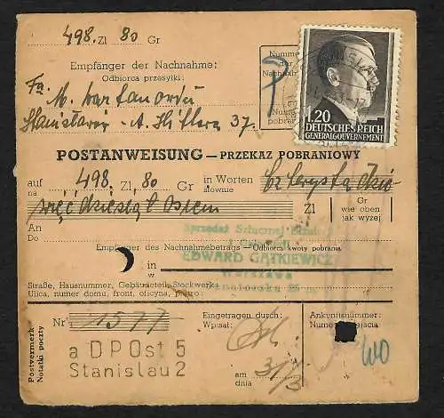 GG: Postanweisung Lublin nach Warschau, 1943, MiNr. 88A, EF