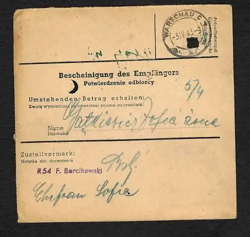 GG: Postanweisung Lublin nach Warschau, 1943, MiNr. 88A, EF