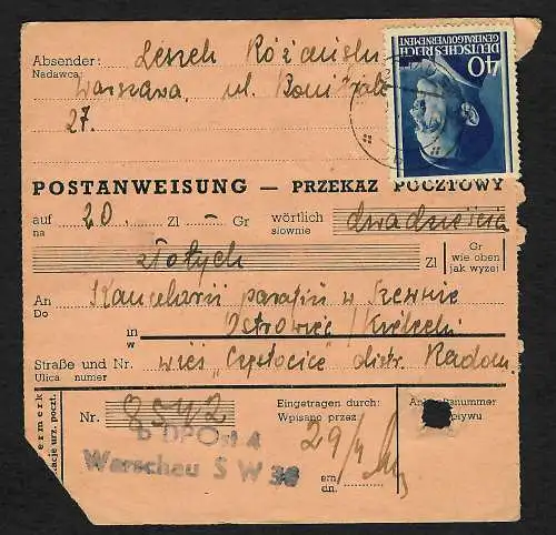 GG: Postanweisung Warschau nach Ostrowiec /Radom,1943, MiNr. 81 EF !!, Kirche !!