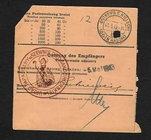 GG: Postanweisung Warschau nach Ostrowiec /Radom,1943, MiNr. 81 EF !!, Kirche !!