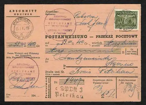 GG: Postanweisungsformular Steueramt Petrikau, Dienstmarke MiNr. 34, 1943