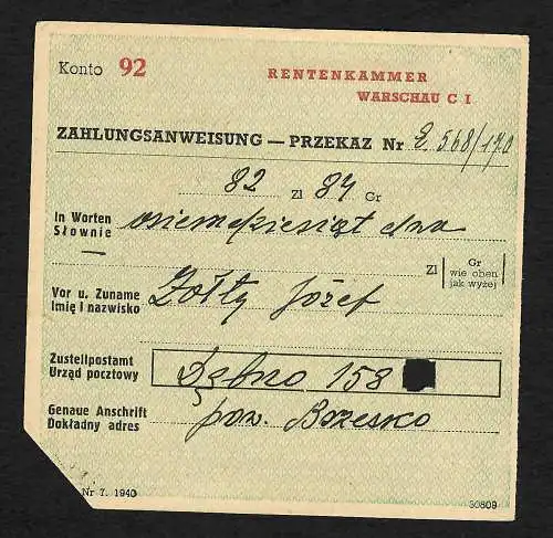 GG: Rentenkammer Warschau, Zahlungsanweisung nach Debno/Slotwina 1940
