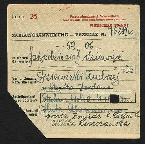 GG: Postscheckamt Warschau, Zahlungsanweisung Kriegsgefangenenersparnisse 1940